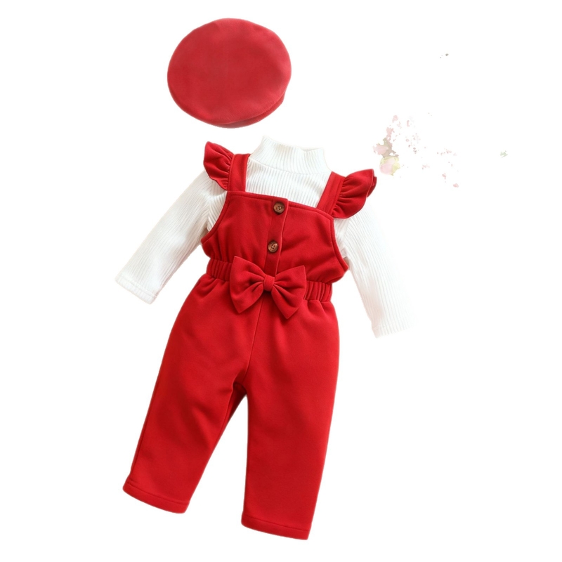 Нов комплект есенно/зимна рокля за момичета с едноцветен оребрена топ + гащеризон с дантелена панделка и шапка