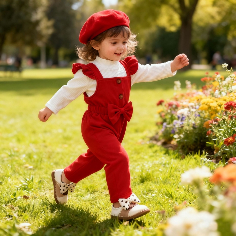 Нов комплект есенно/зимна рокля за момичета с едноцветен оребрена топ + гащеризон с дантелена панделка и шапка