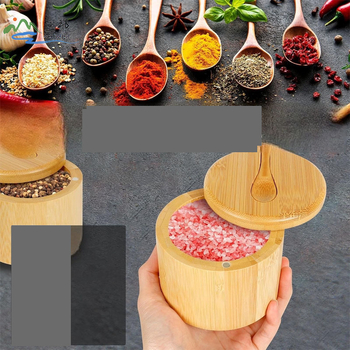 Bambusz fűszertároló doboz 4 db-os fűszertartó fedéllel, kanállal, forgó sószóróval, fűszertartó, bambusz sószóró fűszereknek.