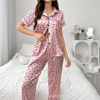 Трансгранична европейска и американска фабрика директно доставя комплект пижама от имитация на коприна за жени с къс ръкав, френски романтичен жилетка в сладък стил