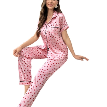 Трансгранична европейска и американска фабрика директно доставя комплект пижама от имитация на коприна за жени с къс ръкав, френски романтичен жилетка в сладък стил