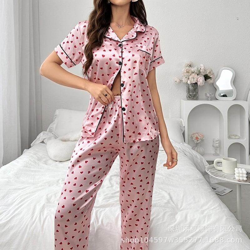 Трансгранична европейска и американска фабрика директно доставя комплект пижама от имитация на коприна за жени с къс ръкав, френски романтичен жилетка в сладък стил