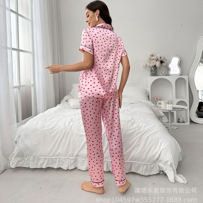 Трансгранична европейска и американска фабрика директно доставя комплект пижама от имитация на коприна за жени с къс ръкав, френски романтичен жилетка в сладък стил