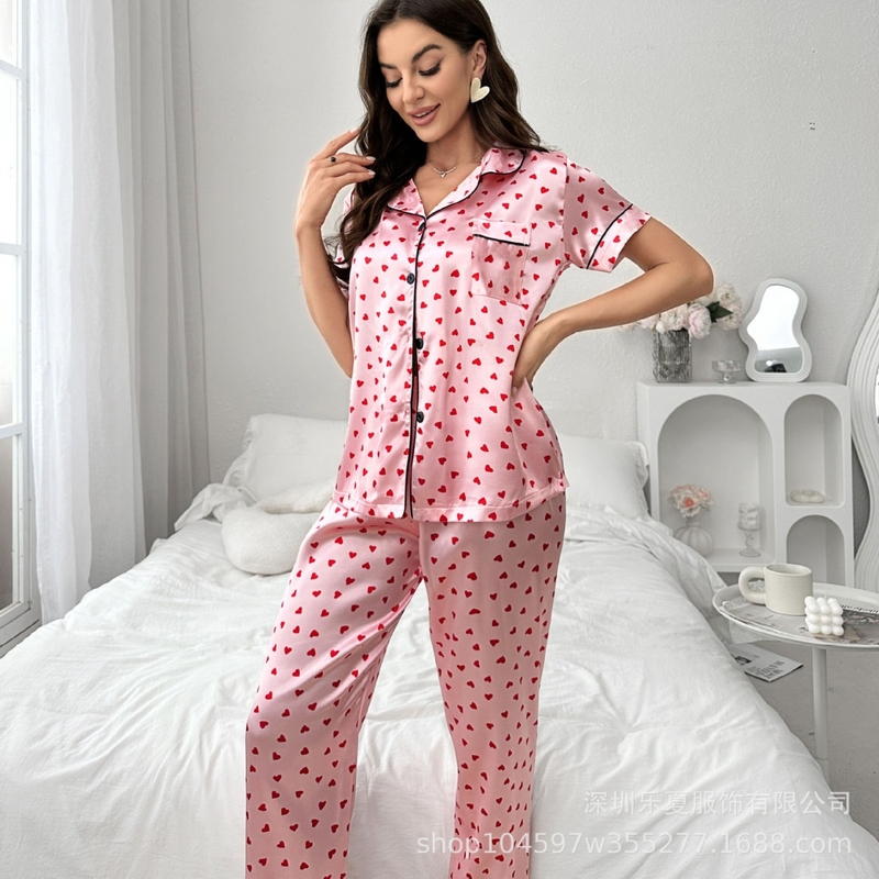 Трансгранична европейска и американска фабрика директно доставя комплект пижама от имитация на коприна за жени с къс ръкав, френски романтичен жилетка в сладък стил