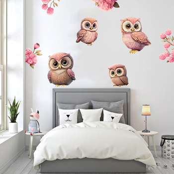 Autocolant de perete autoadeziv transfrontalier nou cu bufniță florală roz pentru Ziua Îndrăgostiților, pentru decorarea camerei de zi, dormitorului și a camerei copiilor KSA-72