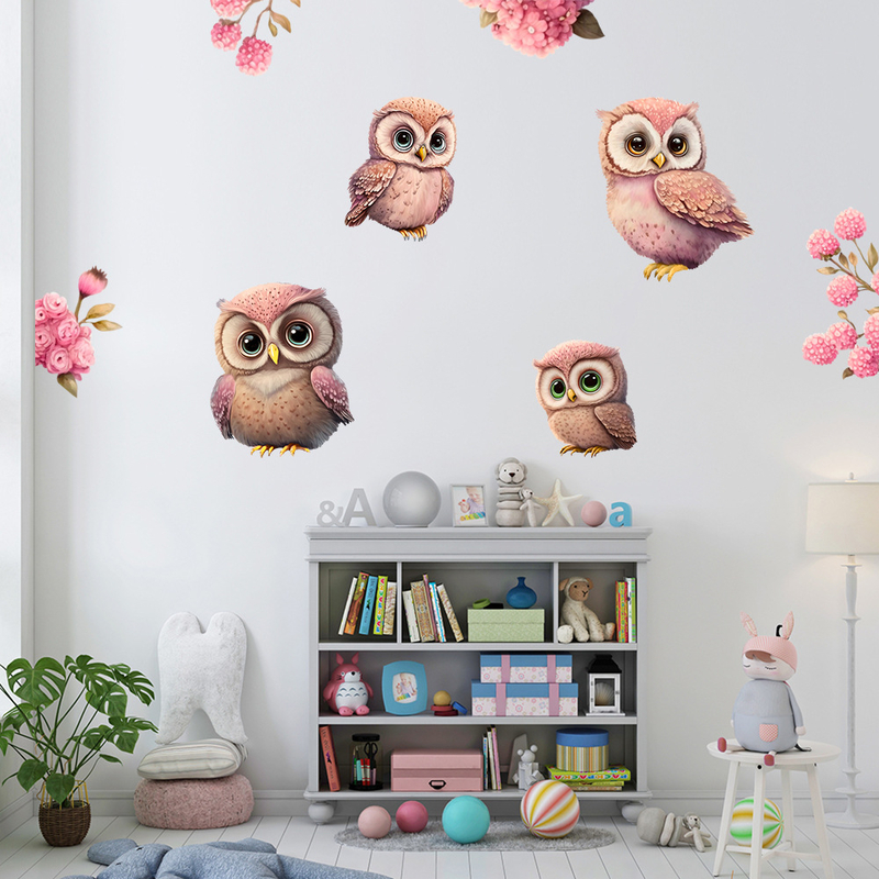Autocolant de perete autoadeziv transfrontalier nou cu bufniță florală roz pentru Ziua Îndrăgostiților, pentru decorarea camerei de zi, dormitorului și a camerei copiilor KSA-72