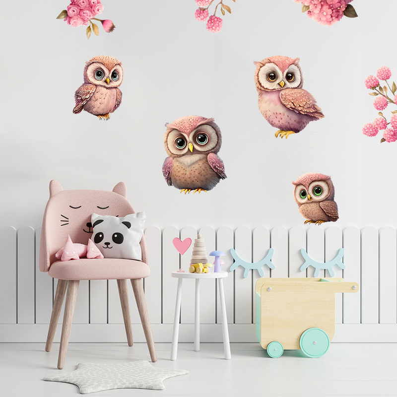 Autocolant de perete autoadeziv transfrontalier nou cu bufniță florală roz pentru Ziua Îndrăgostiților, pentru decorarea camerei de zi, dormitorului și a camerei copiilor KSA-72