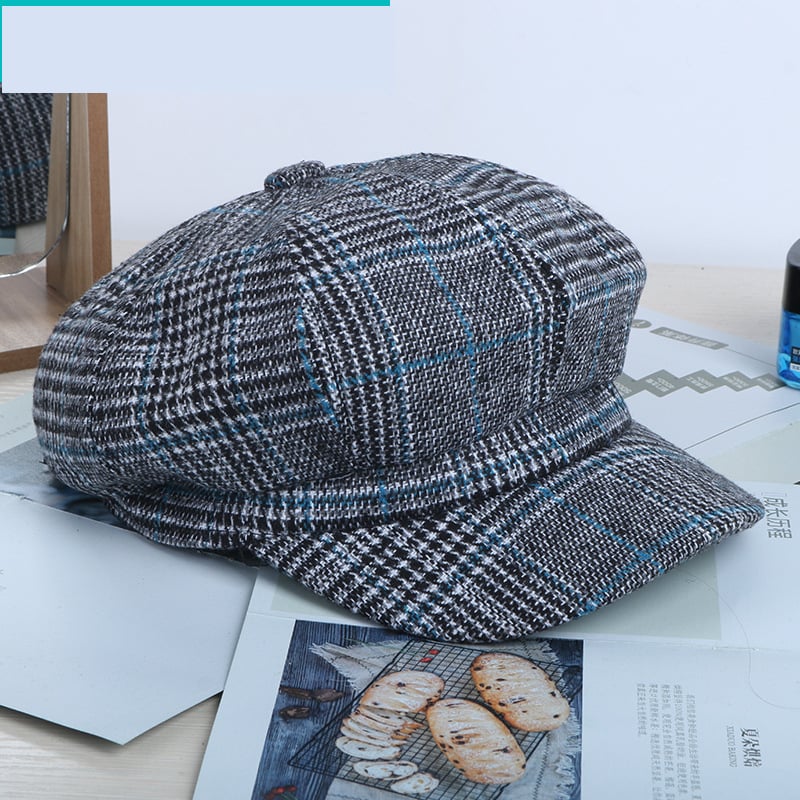 Дамска карирана осмоъгълна шапка, корейски стил, нова тенденция, популярна онлайн, вълнена, ежедневна, на райета, ретро, ​​универсална.