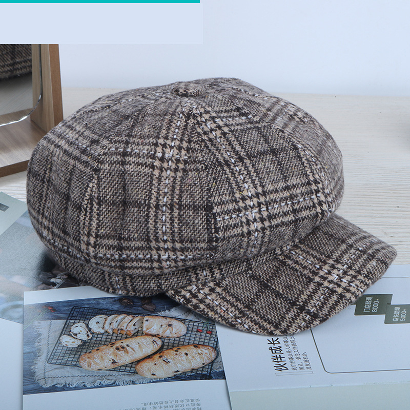 Дамска карирана осмоъгълна шапка, корейски стил, нова тенденция, популярна онлайн, вълнена, ежедневна, на райета, ретро, ​​универсална.