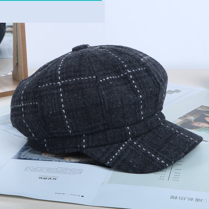 Дамска карирана осмоъгълна шапка, корейски стил, нова тенденция, популярна онлайн, вълнена, ежедневна, на райета, ретро, ​​универсална.