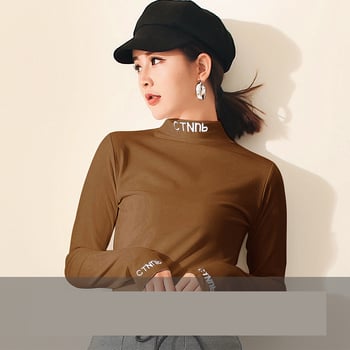 2023. gada rudens/ziemas jaunā stila elegants tops ar augstu apkakli, pieguļošs piegriezums, ērts ceļojumiem, biezs, izšūts, garām piedurknēm, flīsa oderējums