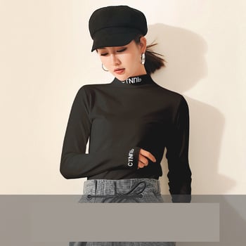 2023. gada rudens/ziemas jaunā stila elegants tops ar augstu apkakli, pieguļošs piegriezums, ērts ceļojumiem, biezs, izšūts, garām piedurknēm, flīsa oderējums