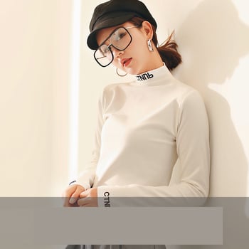 2023. gada rudens/ziemas jaunā stila elegants tops ar augstu apkakli, pieguļošs piegriezums, ērts ceļojumiem, biezs, izšūts, garām piedurknēm, flīsa oderējums