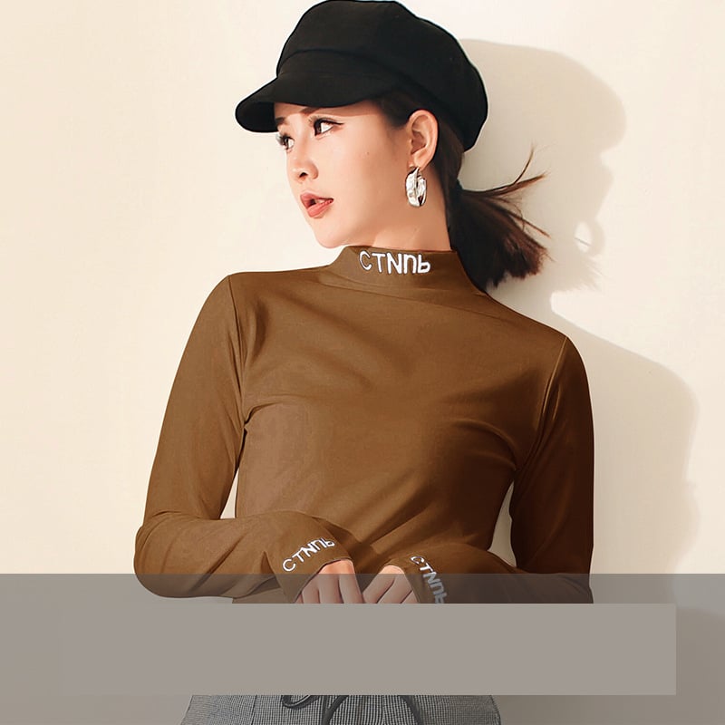 2023. gada rudens/ziemas jaunā stila elegants tops ar augstu apkakli, pieguļošs piegriezums, ērts ceļojumiem, biezs, izšūts, garām piedurknēm, flīsa oderējums