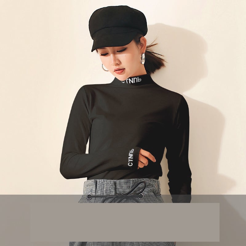 2023. gada rudens/ziemas jaunā stila elegants tops ar augstu apkakli, pieguļošs piegriezums, ērts ceļojumiem, biezs, izšūts, garām piedurknēm, flīsa oderējums