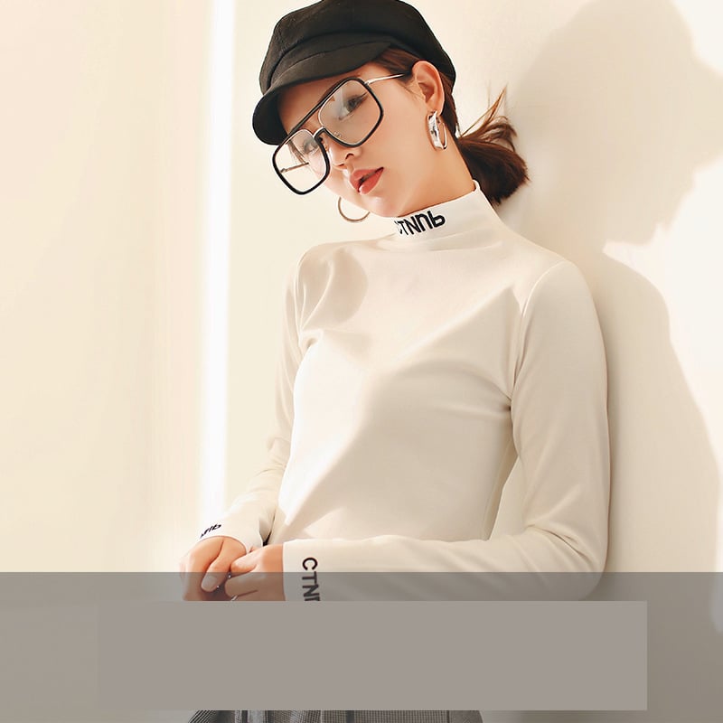 2023. gada rudens/ziemas jaunā stila elegants tops ar augstu apkakli, pieguļošs piegriezums, ērts ceļojumiem, biezs, izšūts, garām piedurknēm, flīsa oderējums