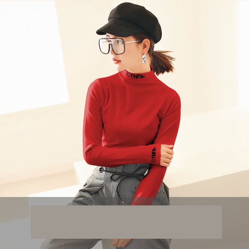 2023. gada rudens/ziemas jaunā stila elegants tops ar augstu apkakli, pieguļošs piegriezums, ērts ceļojumiem, biezs, izšūts, garām piedurknēm, flīsa oderējums