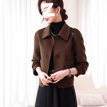 Dámska vlnená bunda, jeseň/zima 2025, nový štýl, moderná, priliehavý strih, krátka, pre drobné ženy, vlnený kabát.