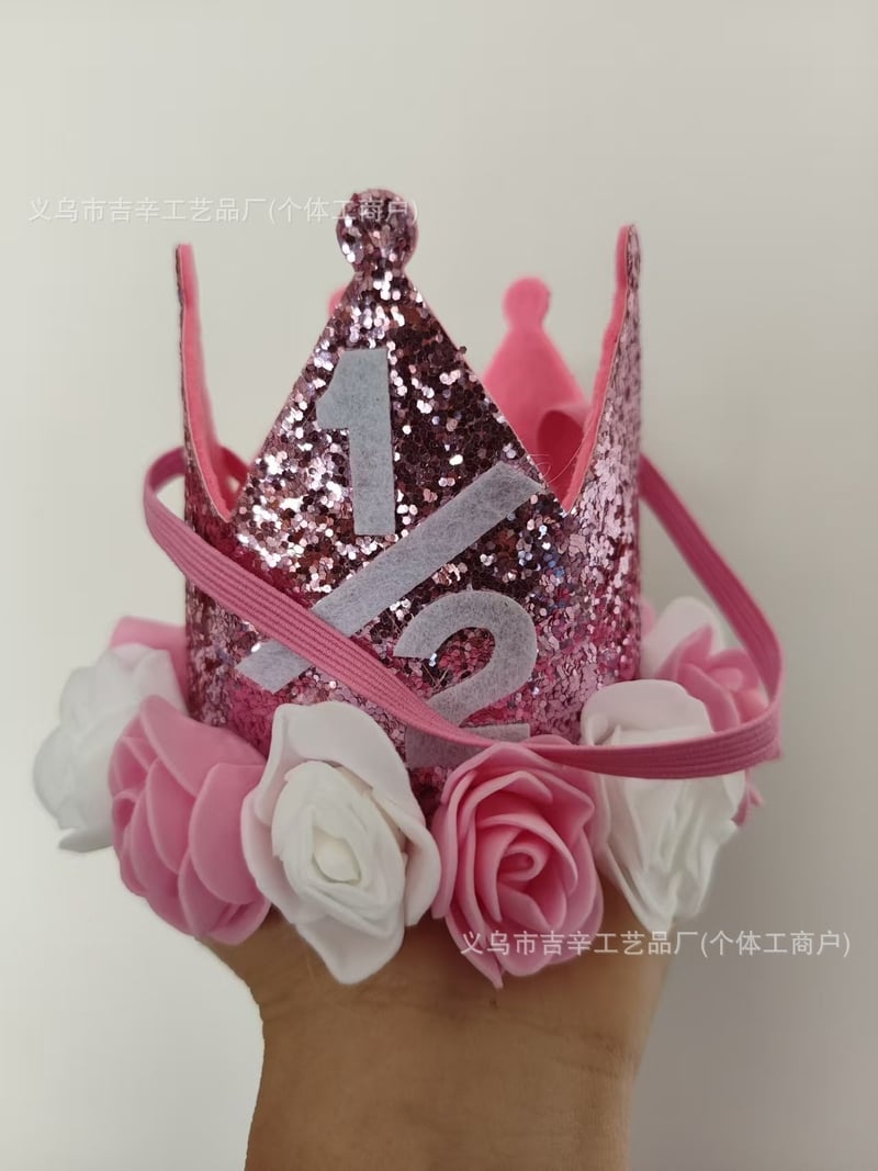 Vienerių metų princesės gimtadienio rožinio aukso kūdikio rožinės dekoratyvinės gėlės karūnos gimtadienio kepuraitė, didmeninė prekyba