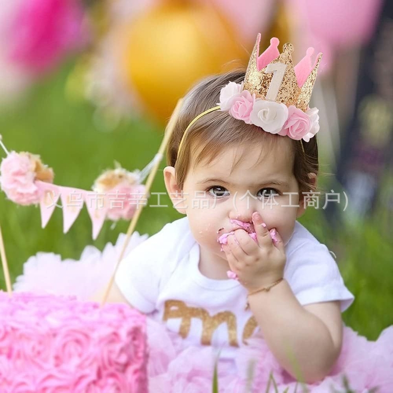 Vienerių metų princesės gimtadienio rožinio aukso kūdikio rožinės dekoratyvinės gėlės karūnos gimtadienio kepuraitė, didmeninė prekyba