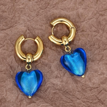 Винтидж обеци от висок клас във формата на сърце, елегантни и универсални, стъклени щипки за уши с цвят на бонбони