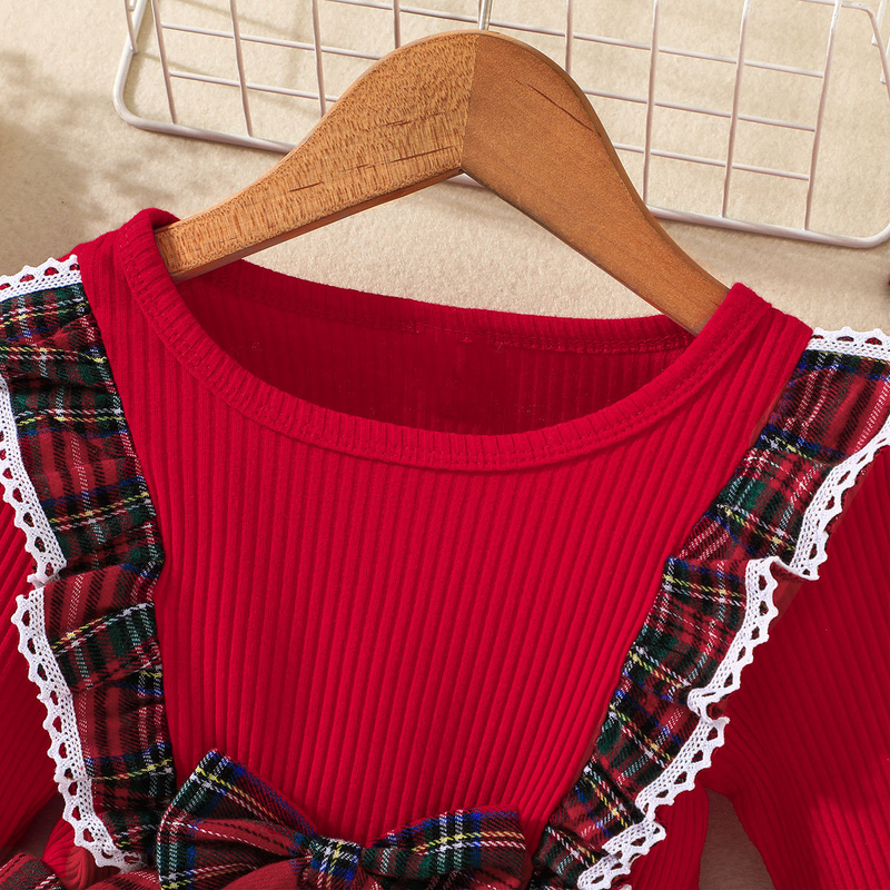 Нова карирана рокля с дълъг ръкав в европейски и американски стил за пролет и есен 2023 г., детска коледна пола с панделка в корейски стил