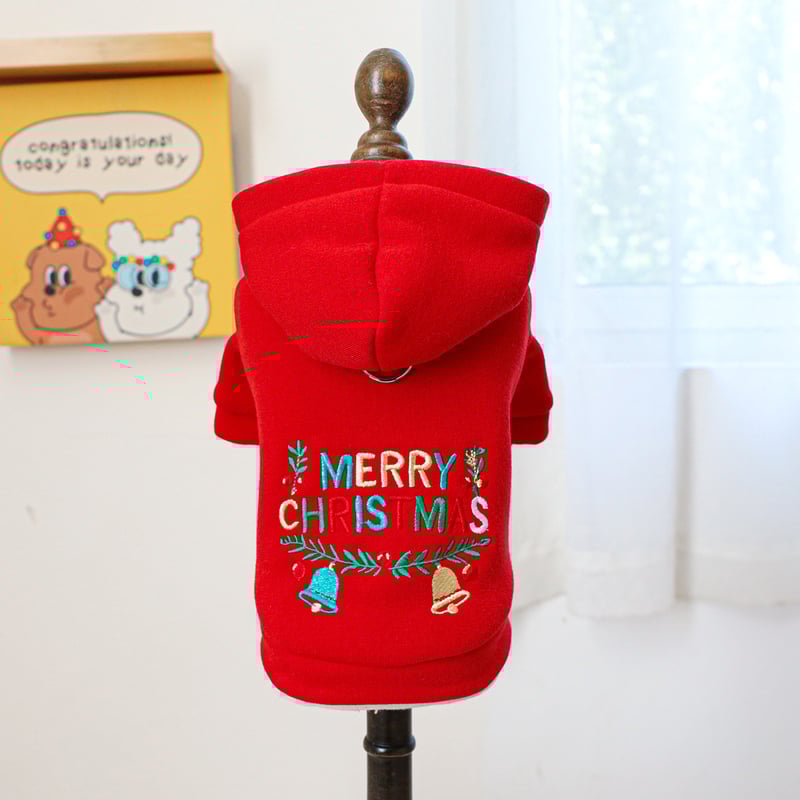 Απευθείας από το εργοστάσιο/Νέα σε απόθεμα Ρούχα κατοικίδιων για σκύλους και γάτες, Χριστουγεννιάτικες μπλούζες με κουκούλα και κουδούνι σε κόκκινο χρώμα