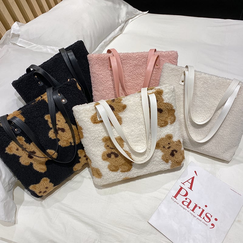 Sieviešu rokassoma, Eiropas un Amerikas stilā, rotaļu lācīša plīša soma, moderna un stilīga plecu soma, liela ietilpība, jauka kosmētikas soma