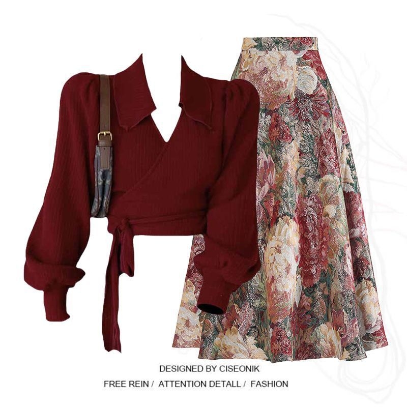 Sieviešu bordo krāsas tops ar apkakli Jaungada vakaram, kas savienots ar retro svārkiem, divdaļīgs komplekts izsmalcinātam un glaimojošam izskatam.