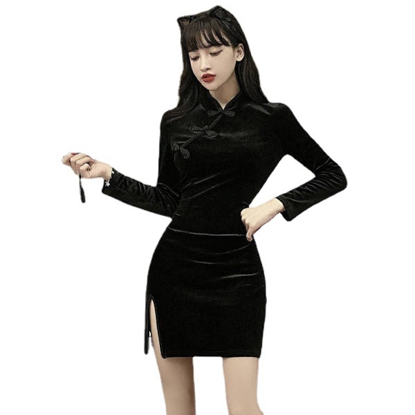 Jauna rudens sieviešu samta čhonsama kleita ar šķēlumu un mezglotām pogām ķīniešu stilā, pieguļoša piegriezuma, retro, īsa kleita nobriedušām sievietēm.