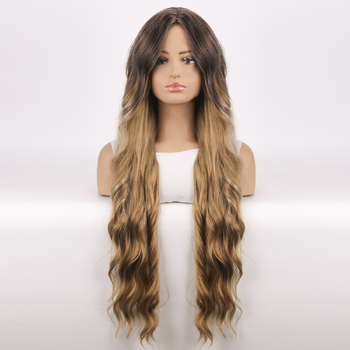 Peruci pentru femei în stil european și american, bucle blonde decolorate și vopsite cu tăiței ramen, peruci lungi verzi cu cărare pe mijloc, acoperire completă a capului