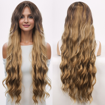 Peruci pentru femei în stil european și american, bucle blonde decolorate și vopsite cu tăiței ramen, peruci lungi verzi cu cărare pe mijloc, acoperire completă a capului