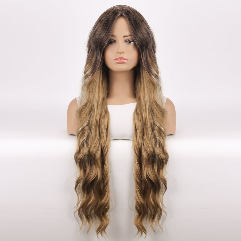 Peruci pentru femei în stil european și american, bucle blonde decolorate și vopsite cu tăiței ramen, peruci lungi verzi cu cărare pe mijloc, acoperire completă a capului