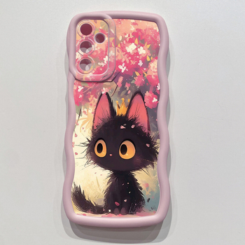 Aizsargājošs telefona maciņš ar viļņotu malu un mīlīgu kaķu pāri, kas paredzēts Samsung tālrunim.