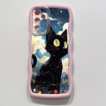 Aizsargājošs telefona maciņš ar viļņotu malu un mīlīgu kaķu pāri, kas paredzēts Samsung tālrunim.