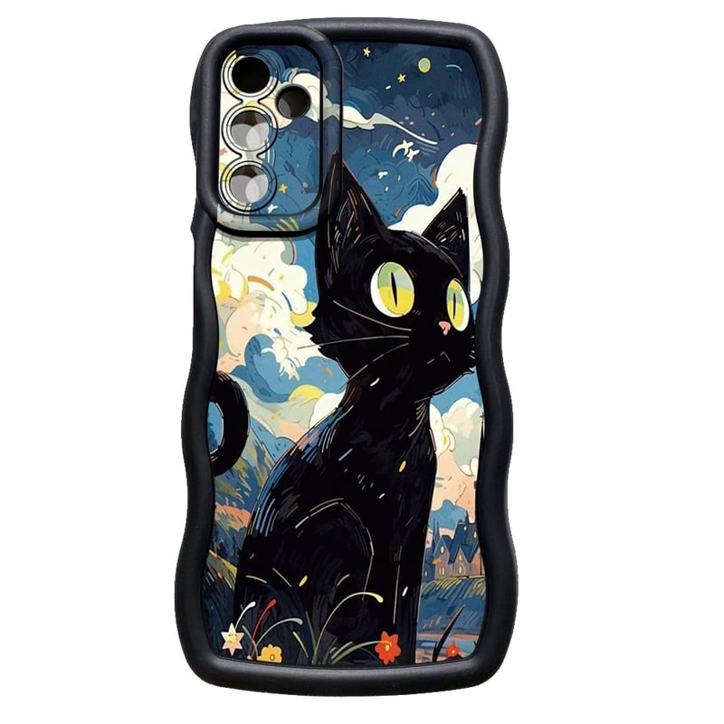 Aizsargājošs telefona maciņš ar viļņotu malu un mīlīgu kaķu pāri, kas paredzēts Samsung tālrunim. 