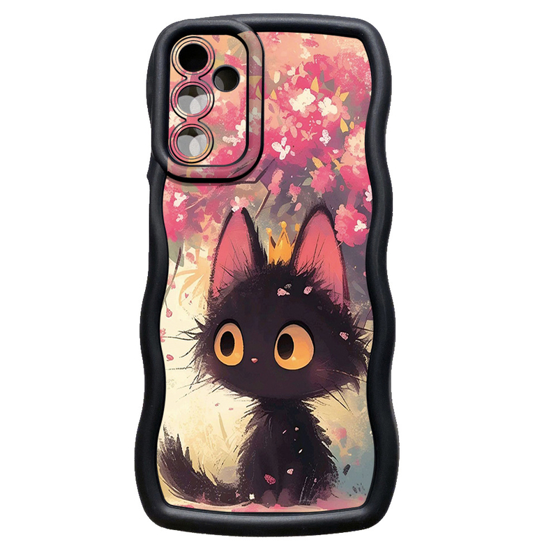 Aizsargājošs telefona maciņš ar viļņotu malu un mīlīgu kaķu pāri, kas paredzēts Samsung tālrunim. 