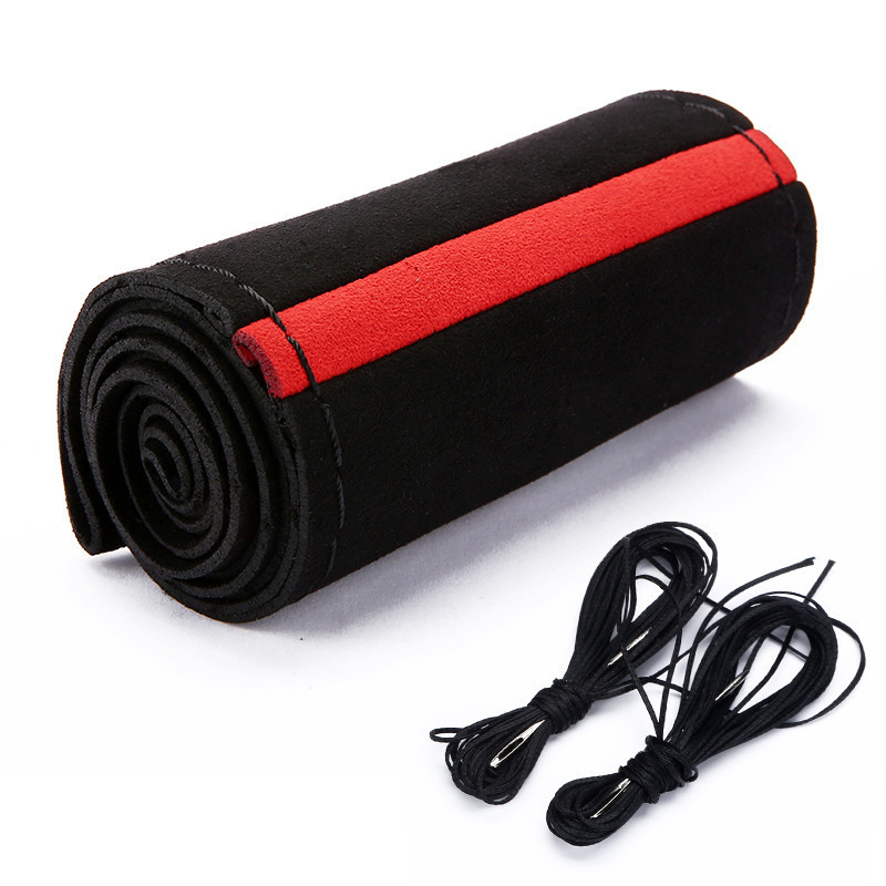 Ar rokām šūts zamšādas stūres rata pārsegs, centrālais atloks, nubuka āda, vissezonas stūres rata pārsegs