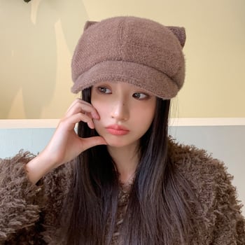 Sieviešu rudens/ziemas beisbola cepure, jauns korejiešu stils, kaķa ausu dizains, vēja necaurlaidīga, silta, glaimojoša, daudzpusīga, ar platu malu.