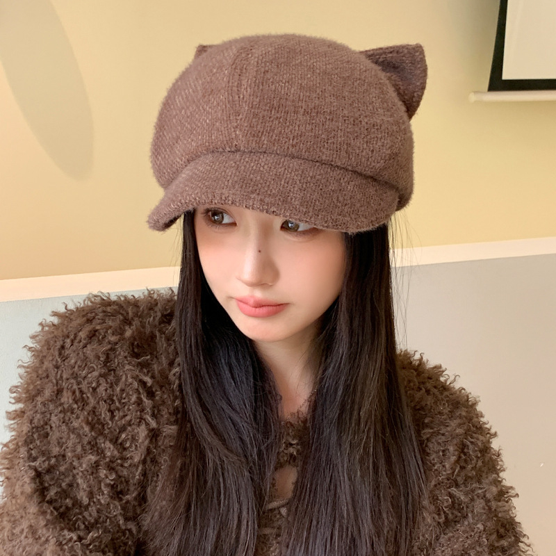 Sieviešu rudens/ziemas beisbola cepure, jauns korejiešu stils, kaķa ausu dizains, vēja necaurlaidīga, silta, glaimojoša, daudzpusīga, ar platu malu.