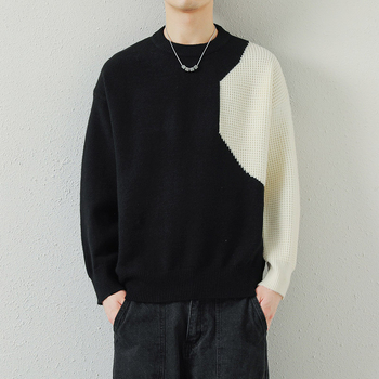 Vīriešu korejiešu stila biezs, apaļa kakla izgriezuma ziemas džemperis, brīvs, krāsu bloku stilā, jauns jauniešu džemperis, adīts