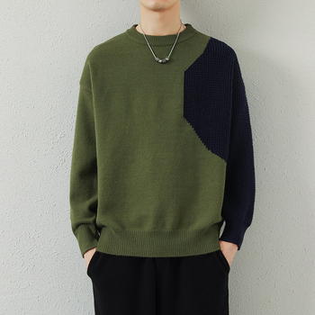 Vīriešu korejiešu stila biezs, apaļa kakla izgriezuma ziemas džemperis, brīvs, krāsu bloku stilā, jauns jauniešu džemperis, adīts