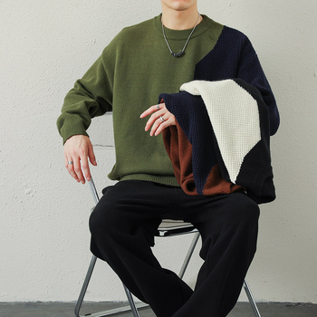 Vīriešu korejiešu stila biezs, apaļa kakla izgriezuma ziemas džemperis, brīvs, krāsu bloku stilā, jauns jauniešu džemperis, adīts