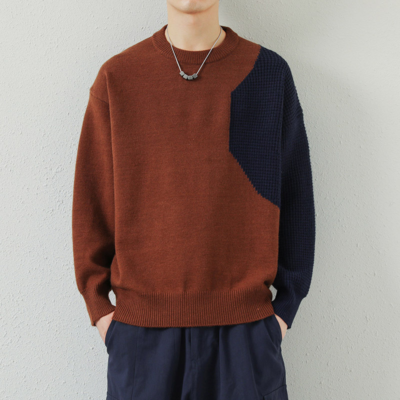Vīriešu korejiešu stila biezs, apaļa kakla izgriezuma ziemas džemperis, brīvs, krāsu bloku stilā, jauns jauniešu džemperis, adīts