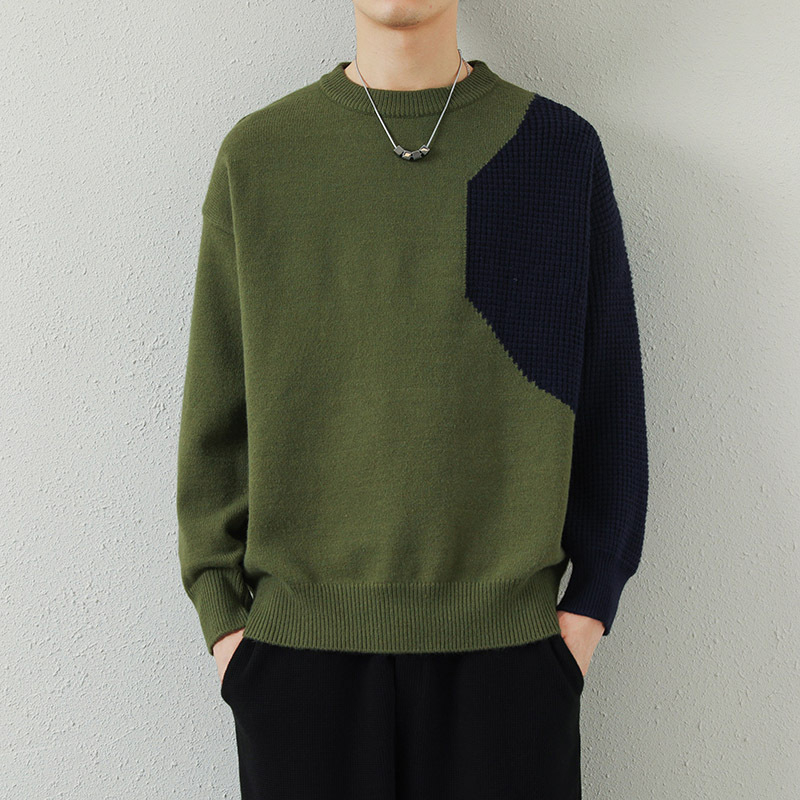 Vīriešu korejiešu stila biezs, apaļa kakla izgriezuma ziemas džemperis, brīvs, krāsu bloku stilā, jauns jauniešu džemperis, adīts