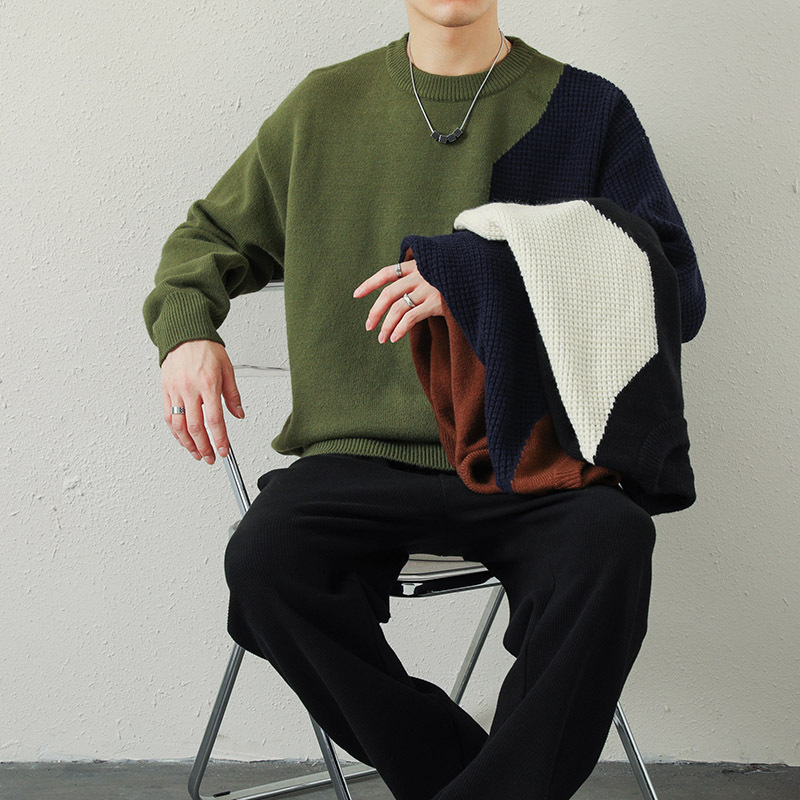 Vīriešu korejiešu stila biezs, apaļa kakla izgriezuma ziemas džemperis, brīvs, krāsu bloku stilā, jauns jauniešu džemperis, adīts