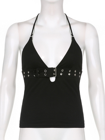 Американски стил горещ рок потник с дълбоко деколте, секси къс топ с гол гръб и яка, стил Instagram, с метална катарама и пънк елементи