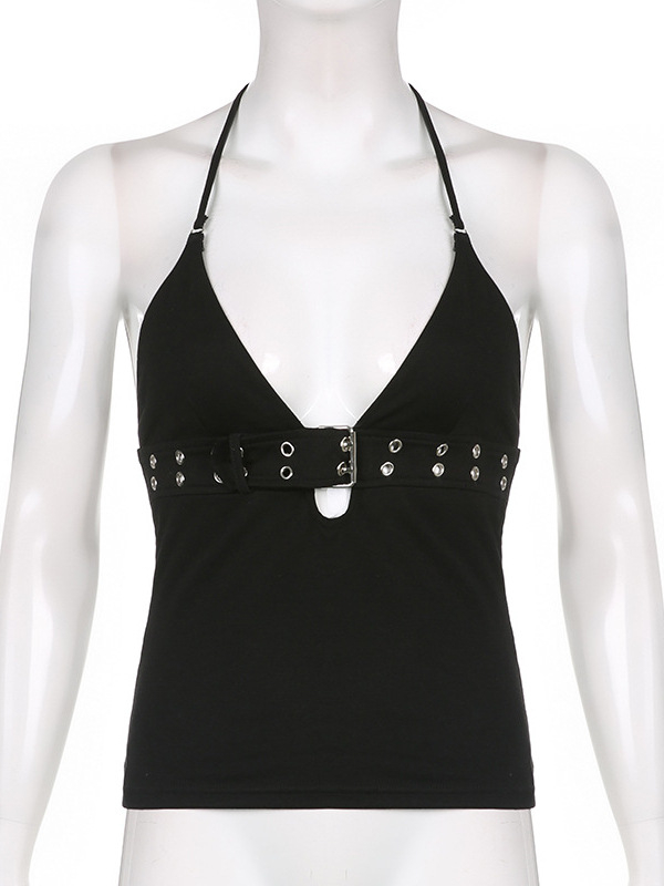 Американски стил горещ рок потник с дълбоко деколте, секси къс топ с гол гръб и яка, стил Instagram, с метална катарама и пънк елементи