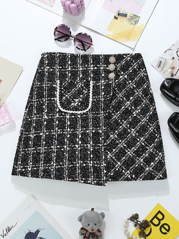 Fustă mini Chanel din tweed în carouri, îmbrăcăminte nouă pentru femei din întreaga lume, fustă cu nasturi și talie înaltă, fustă neregulată slăbită