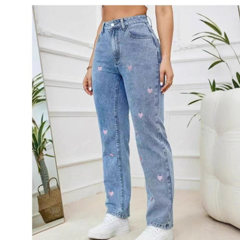 Pantaloni denim pentru femei cu broderie cu inimă, picioare drepte și elasticitate, pentru comerț exterior transfrontalier european și american